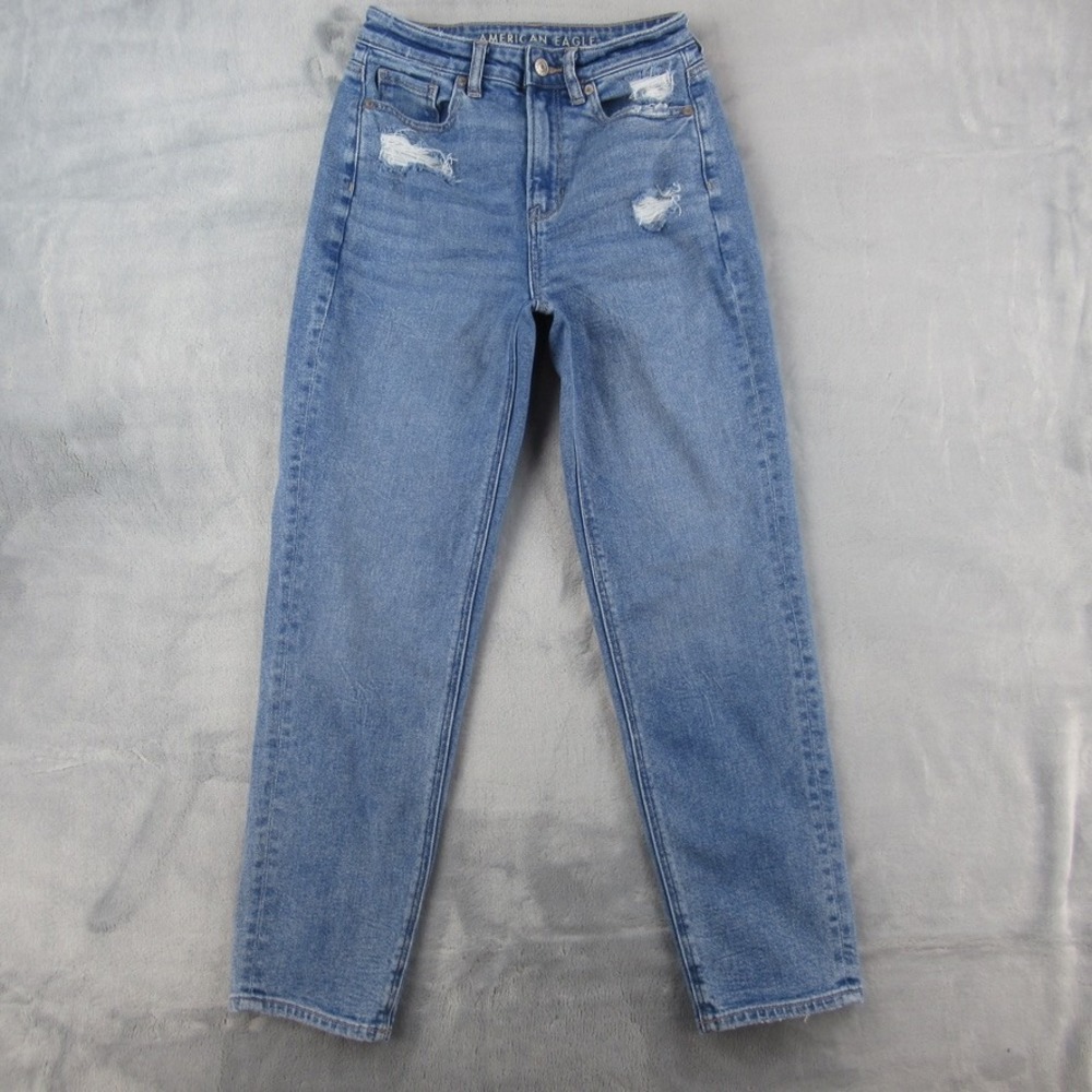 American Eagle Mom Straight Jean Blue Distressed High Rise‎ Size 0 Regular